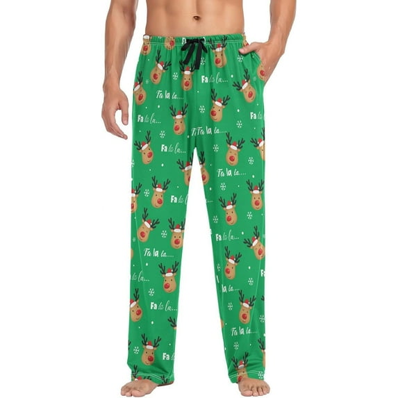 Top-kevin Christmas Reindeer Men's Christmas Pajama Pants Super Soft Straight-Fit Lightweight Pajama Bottoms with Pockets Drawstring