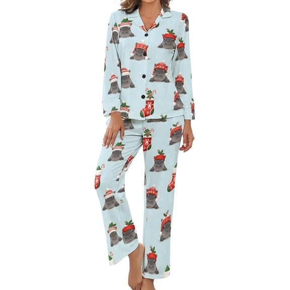 Top-kevin Christmas Rhinos With Hats Snowflakes Women's Long-Sleeve Shirt And Full-Length Bottom Pajama Set