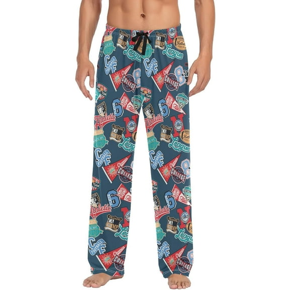 Top-kevin College Athletic Sporting Badges Blue Mens Pajamas Bottoms Cotton Sleepwear Pants with Pockets
