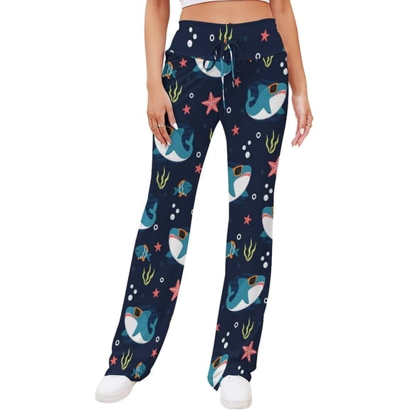 Top-kevin Cool Shark Cartoon Women's Straight Lace Up Yoga Pants Flare Loose Comfy Lounge Wide Leg High Waist