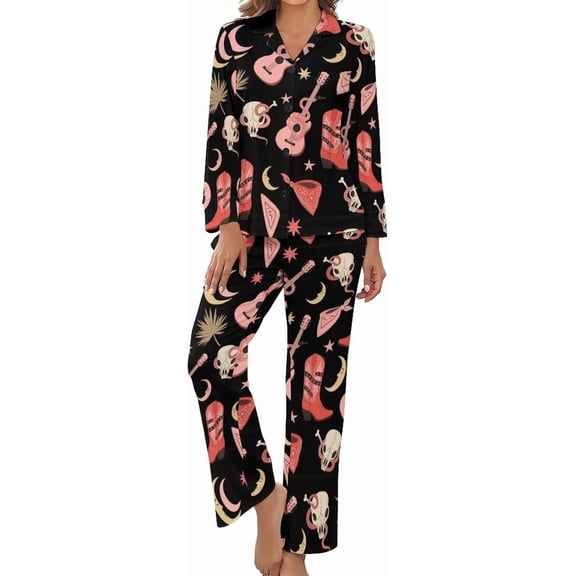 Top-kevin Cowboy Boots Guitars Skulls Women's Long-Sleeve Shirt And Full-Length Bottom Pajama Set