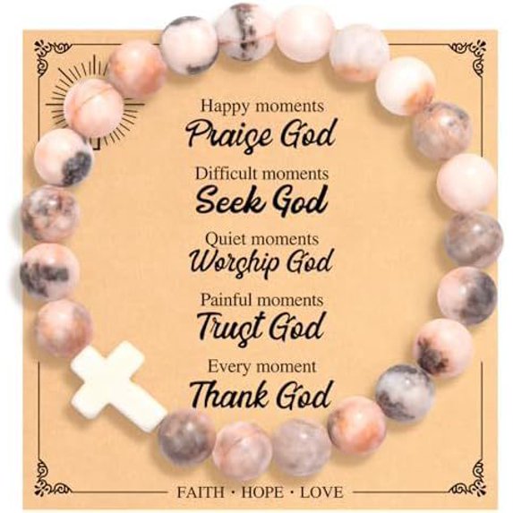 Top-kevin Cross Beaded Bracelets for Women, Inspirational Natural Heart Religious Bracelets for Women, Birthday Christian Gifts for Women on Thanksgiving Christmas Gifts