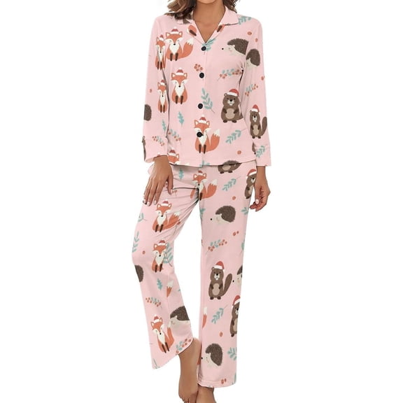 Top-kevin Cute Christmas Animals Women's Long-Sleeve Shirt And Full-Length Bottom Pajama Set
