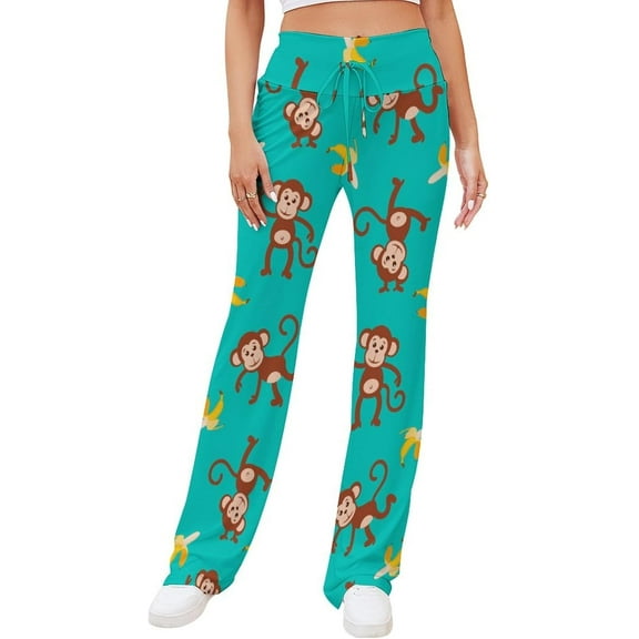 Top-kevin Dancing Monkeys Banana Women's Straight Lace Up Yoga Pants Flare Loose Comfy Lounge Wide Leg High Waist