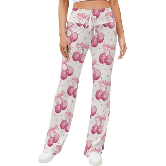 Top-kevin Disco Ball Cherry Pink Bow Women's Yoga Pants Wide Leg Loose Casual Straight Lace Up Pants Lounge Sweatpants