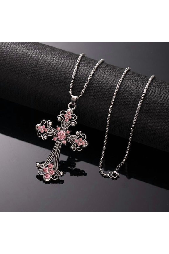 Elegant Vintage Golden-Tone Cross Pendant Necklace with Synthetic Gemstones - Unisex Couple's Jewelry for Pride Month, Daily & Party Wear, Year-Round Luxury Accessory, Cross Necklace