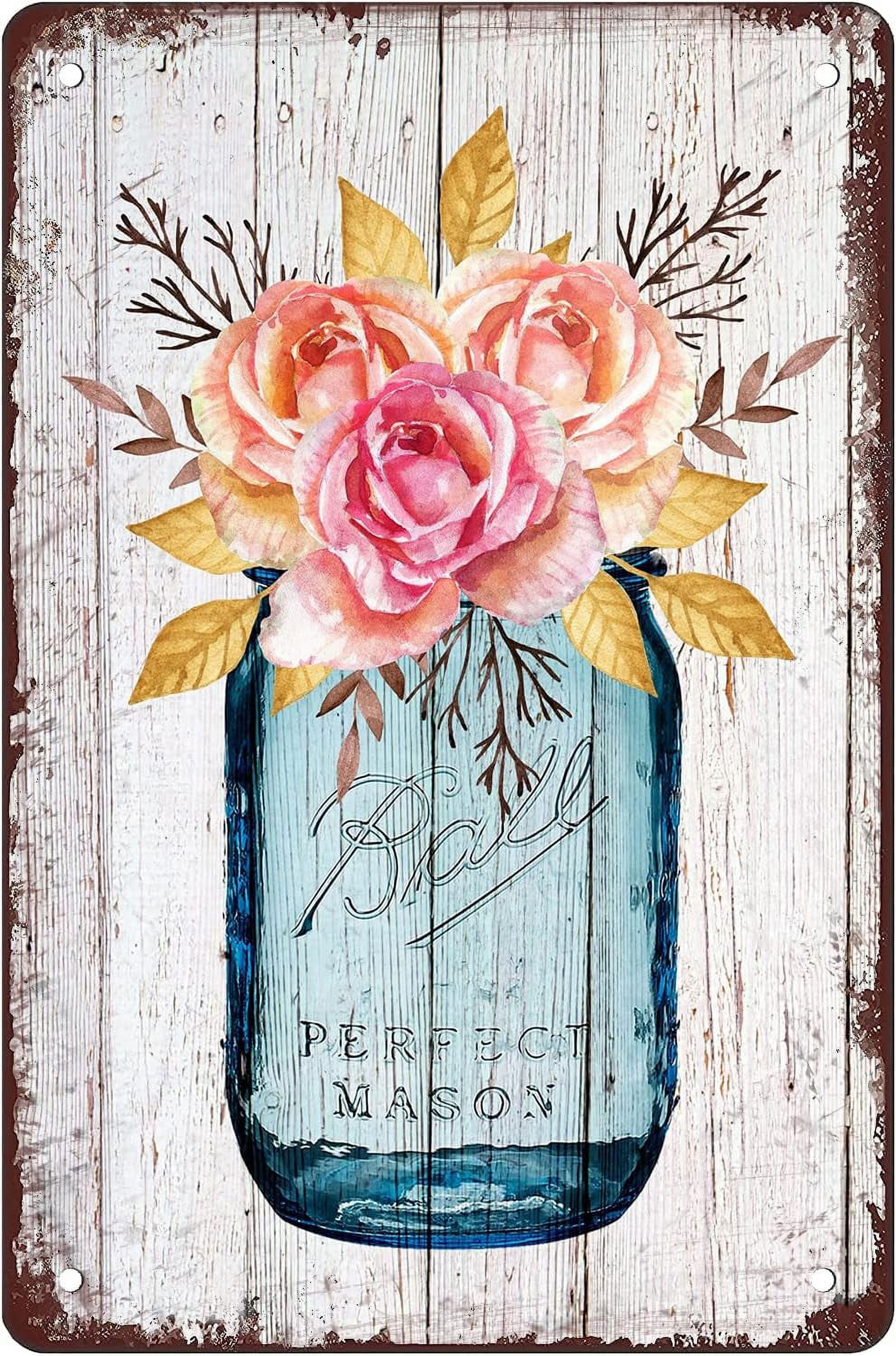 Top-kevin Fall Roses Flowers In Vintage Mason Jar Print Farmhouse Wall ...