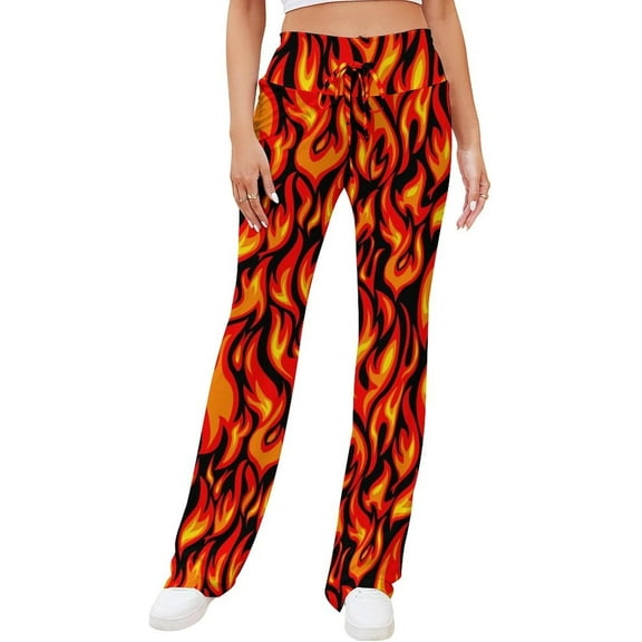 Top-kevin Fire Flame Pattern Women's Yoga Pants Wide Leg Loose Casual Straight Lace Up Pants Lounge Sweatpants