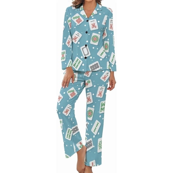 Top-kevin Flat Stylish Mahjong Women's Long-Sleeve Shirt And Full-Length Bottom Pajama Set