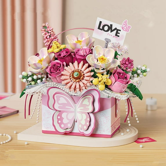 Top-kevin Flower Bouquet Building Blocks Model Set,Simulation Artificial Rose Handheld Gift Box,Bonsai Plant Building Bricks,Home Decor