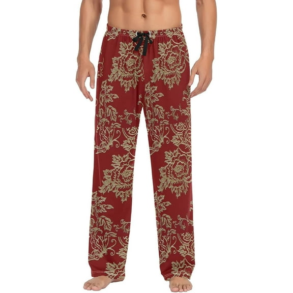 Top-kevin Golden Silk Flowers on Red Background Pajama Pants for Men Men's Pajama Pants Mens Pajama Bottoms with Drawstring S