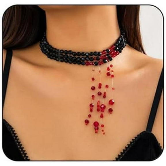 Top-kevin Gothic Blood Drop Fringe Necklace,Vintage Crystal Blooddrip Choker Punk Style Multi-layered Pearl Beaded Necklaces Goth Vampire Clavicle Halloween Jewelry Decorations