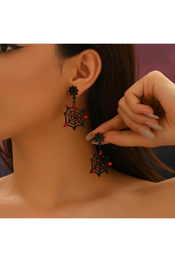 Gothic Bohemian Spider Web Dangle Earrings with Red Flame & Blood-Drop -Like Teardrop Pendant - Black Intricate Web Design for Halloween, Parties