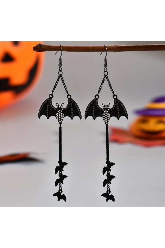 Gothic Dark Style 3D Bat with Small Bat Pendant Dangle Earrings, Mysterious Luxury Inlaid Black and White Rhinestone Wings Bat Flower Holder with Different Length Tassels and Fine Chain