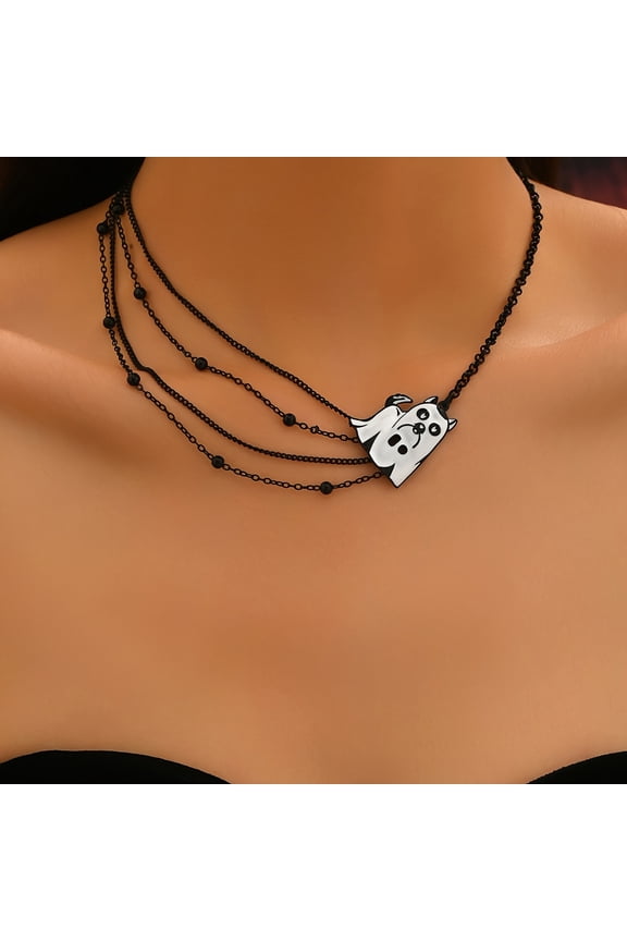 Gothic Dog Pendant Necklace - Cute Spooky Pet Charm with Black Bead Chain, White & Grey Dog Charm for Women, Year-Round Casual Attire & Halloween Party Jewelry