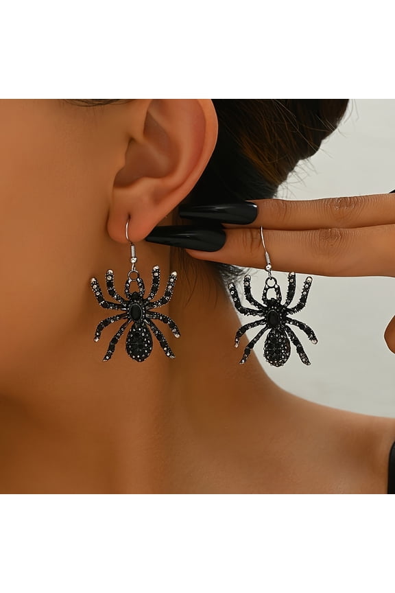 Gothic Halloween Rhinestone Spider Pendant Earrings - Black Faux Spider Dangle Jewelry with Sparkling Crystals, Zinc Alloy & Iron Posts for Women'S Party Festive Accessories