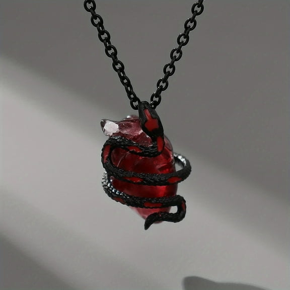 Top-kevin Gothic Snake & Heart Pendant Necklace - Red & Black Punk Style Exaggerated Statement Jewelry, Bold Elegant Couple Chain for Women, Year-Round Wear & Halloween Party Accessory