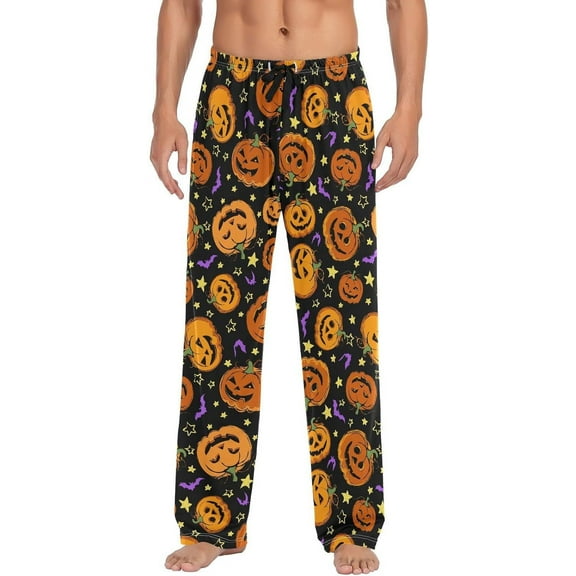 Top-kevin Halloween Bat Pumpkin Men's Pajama Pants Sleepwear Pajama Pant with Pockets Lounge Pajama Bottoms for Men