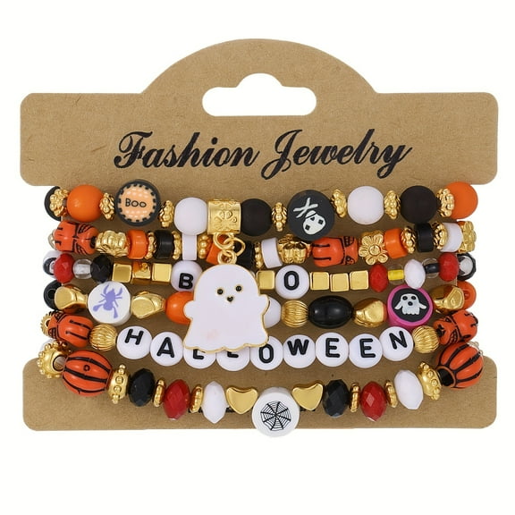 Top-kevin Halloween Beaded Bracelet Set Spooky Stylish Halloween-Themed Beaded Bracelet Set with White Ghost Bat Pendant | Halloween Jewelry for Women, Perfect for Parties and Gifts