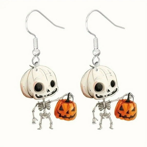 Top-kevin Halloween Drop & Dangle Earrings Set - Acrylic Vintage Cute Skeleton & Ghost with Pumpkin Charms, Alloy Hooks, Festive Jewelry for All Seasons, No Feather, Non-Mosaic Daily & Festival Wear