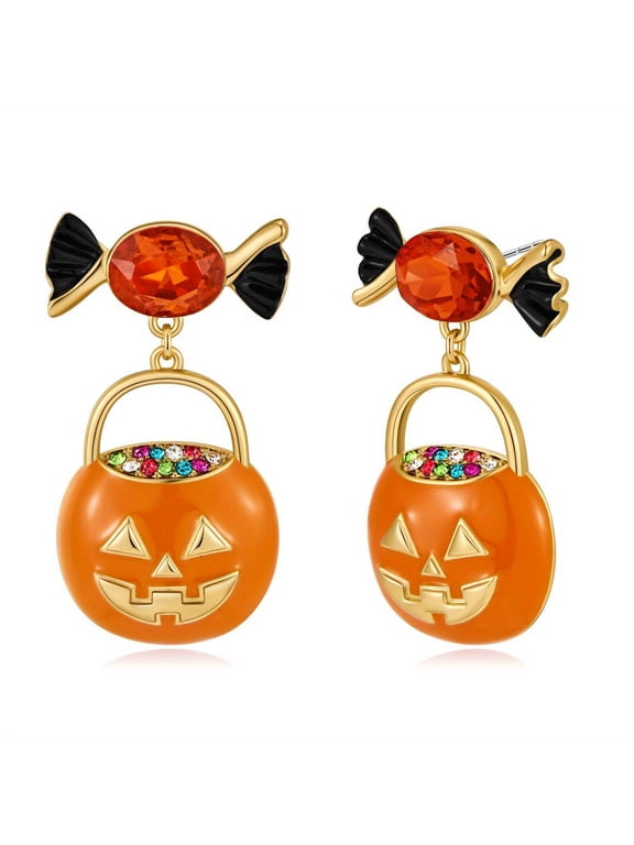Halloween Pumpkin Earrings Colorful Halloween Pumpkin Candy Earrings | Women's Hoop Earrings with Spooky Studs + Portable Packaging