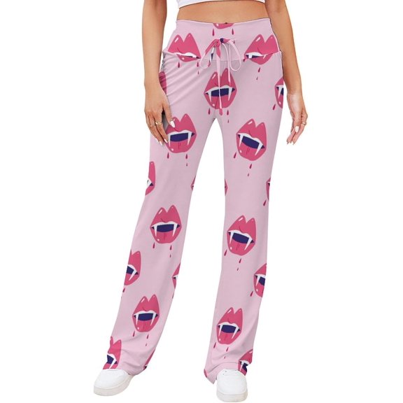 Top-kevin Halloween Vampire Mouth Women's Straight Lace Up Yoga Pants Flare Loose Comfy Lounge Wide Leg High Waist