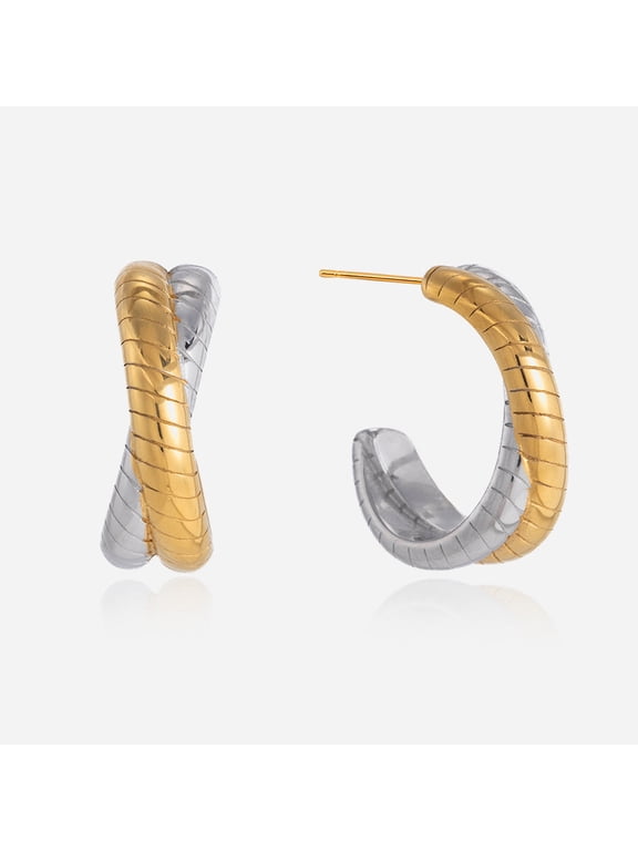 Hypoallergenic Ribbed Textured Interlocking Twisted Open Hoop Stud Earrings for Women