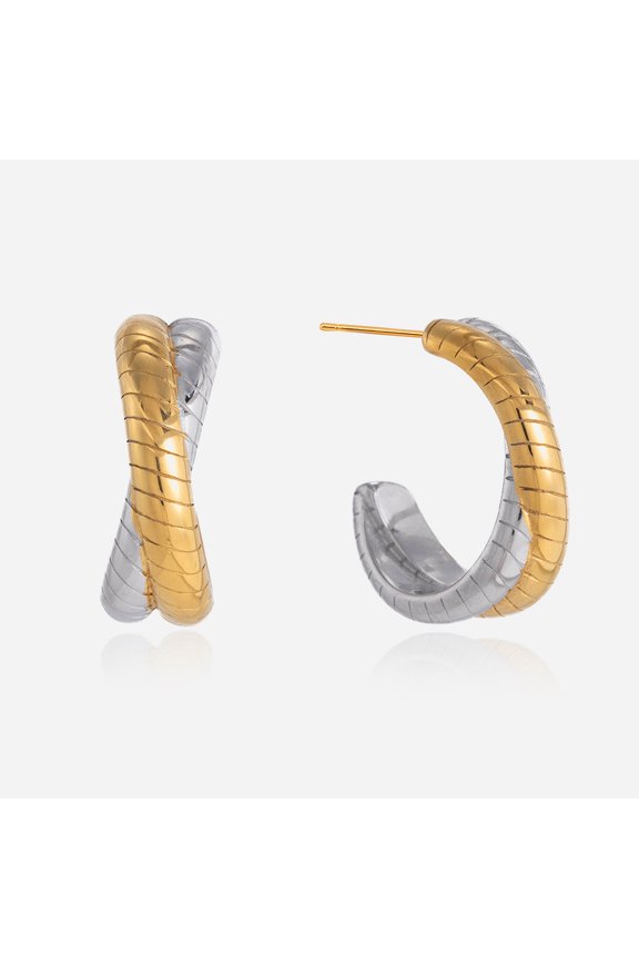 Hypoallergenic Ribbed Textured Interlocking Twisted Open Hoop Stud Earrings for Women
