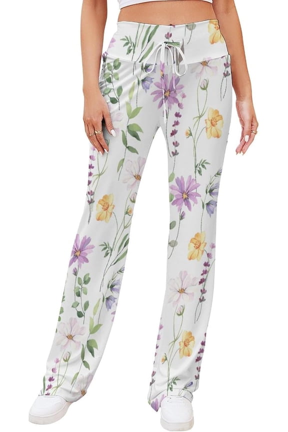 Lavender Leaves Wildflower Women's Straight Lace Up Yoga Pants Flare Loose Comfy Lounge Wide Leg High Waist