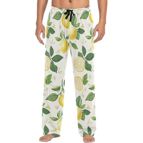 Top-kevin Lemon with Leaf Pajama Pants for Men Comfort Sleep Lounge Bottoms Straight-fit with Pockets S-XXL