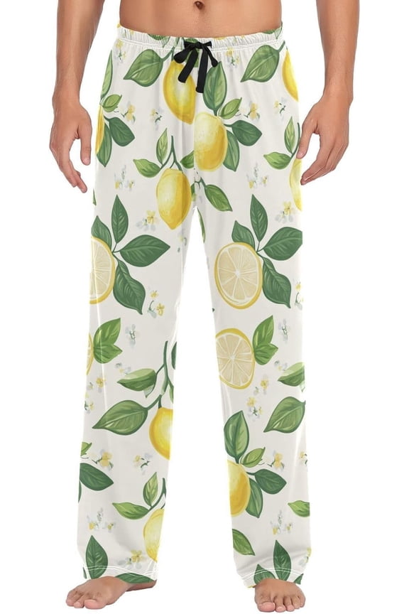 Top-kevin Lemon with Leaf Pajama Pants for Men Comfort Sleep Lounge Bottoms Straight-fit with Pockets S-XXL