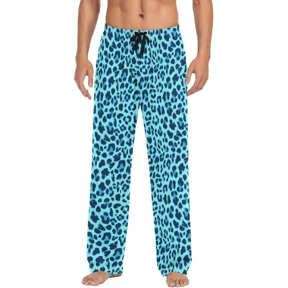 Top-kevin Men's Leopard Print Blue Pajama Pants Cotton Soft Comfy Straight-Fit Lightweight Pj Bottoms