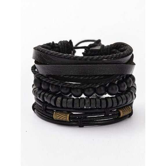 Top-kevin Men's Street Trend Vintage Beaded Bracelet 4 Piece Set PU Material Adjustable Fit Multilayer Design Boho Style Bat Spider Pendant Bracelet