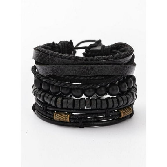 Top-kevin Men's Street Trend Vintage Beaded Bracelet 4 Piece Set PU Material Adjustable Fit Multilayer Design Boho Style Bat Spider Pendant Bracelet