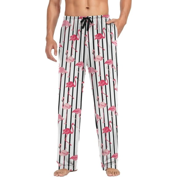 Top-kevin Mens Pajama Pants Tropical Flamingo Black Stripes Pajama Bottoms Animals Pink Sleep PJ Pants