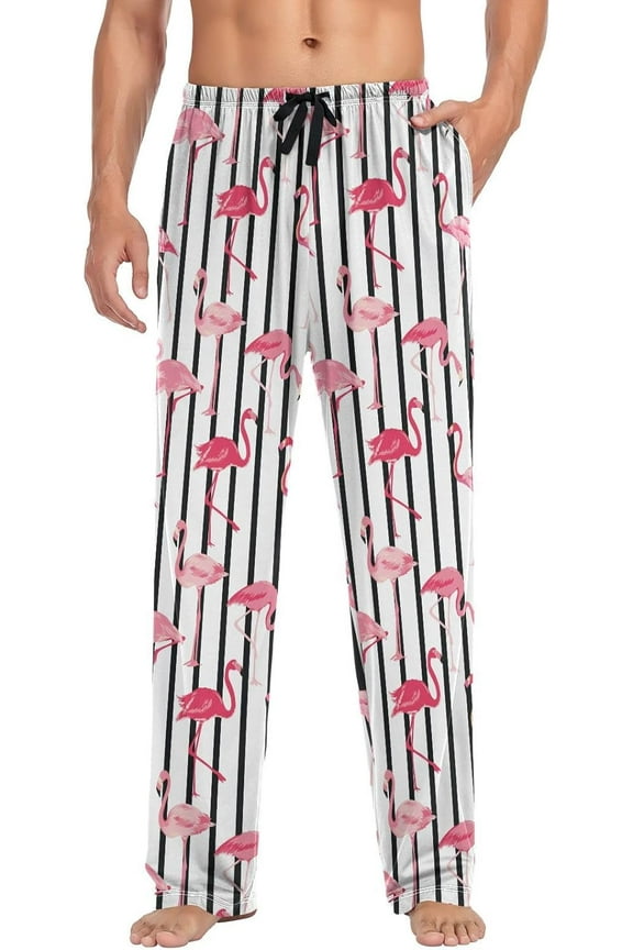 Mens Pajama Pants Tropical Flamingo Black Stripes Pajama Bottoms Animals Pink Sleep PJ Pants