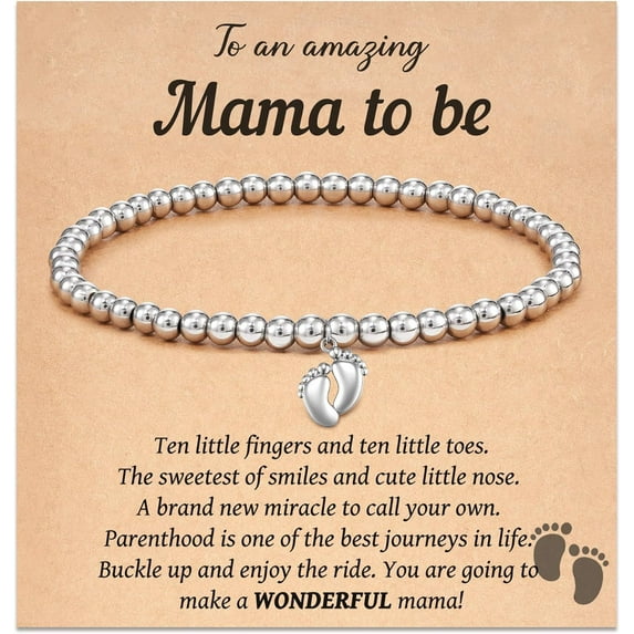 Top-kevin New Mom Gifts Bracelets for Women Mothers Day Birthday Gift for First Time Mom Gifts for Women Feet Charm Bracelet for New Mommy Pregnancy Expecting Mother Silver Beaded Bracelets