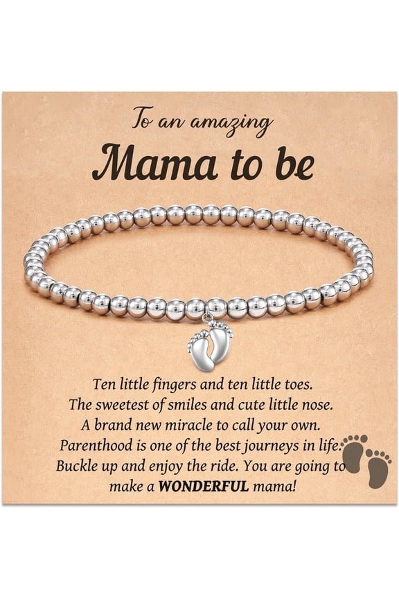 New Mom Gifts Bracelets for Women Mothers Day Birthday Gift for First Time Mom Gifts for Women Feet Charm Bracelet for New Mommy Pregnancy Expecting Mother Silver Beaded Bracelets