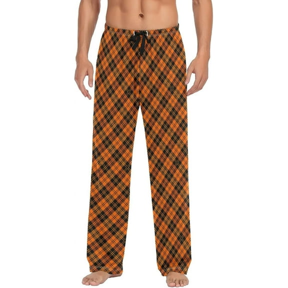 Top-kevin Orange Black Buffalo Plaid Men's Pajama Pants, Casual Men Pajama Bottoms