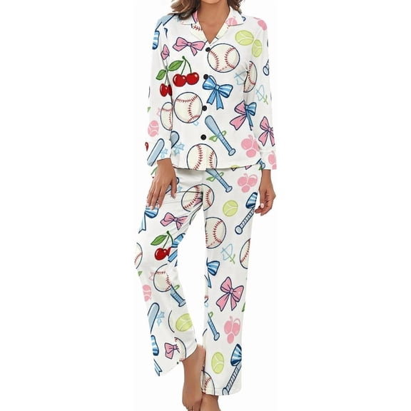 Top-kevin Pajama Sets for Womens Baseball Bats Bow Loose Button Down Long Sleeve Shirts And Pants Set