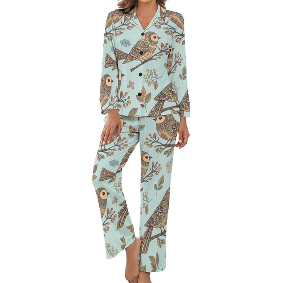 Top-kevin Pajama Sets for Womens Birds Branches Berries Loose Button Down Long Sleeve Shirts And Pants Set