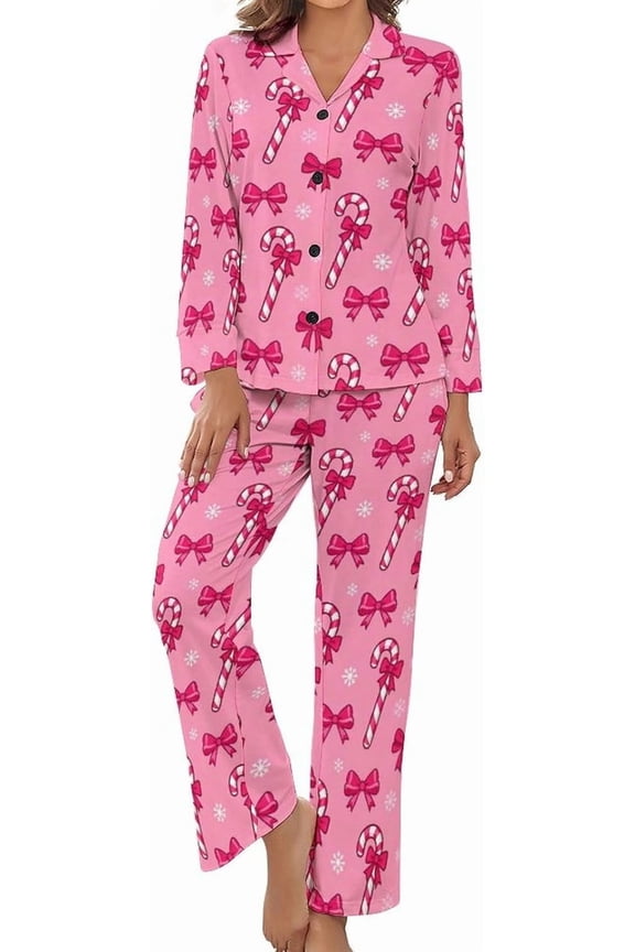 Pajama Sets for Womens Candy Cane Bow Snowflake Loose Button Down Long Sleeve Shirts And Pants Set