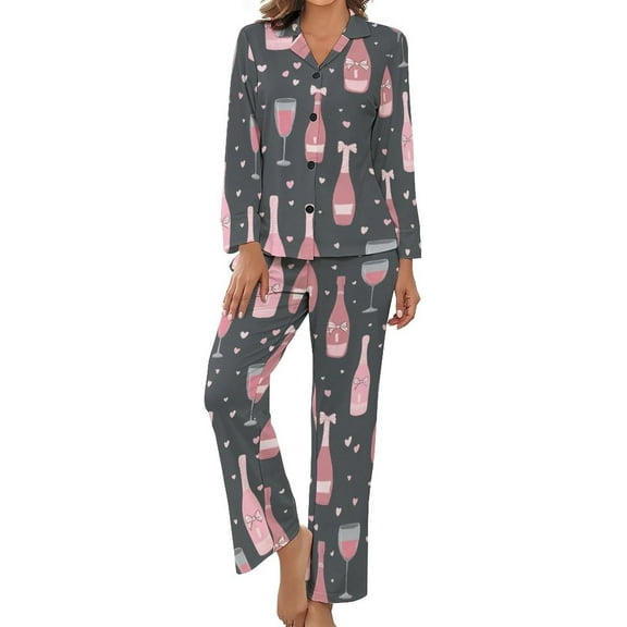 Top-kevin Pajama Sets for Womens Champagne Bottles Glasses Loose Button Down Long Sleeve Shirts And Pants Set