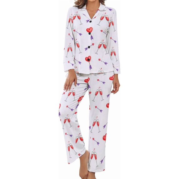Top-kevin Pajama Sets for Womens Champagne Bottles Glasses Splashes Loose Button Down Long Sleeve Shirts And Pants Set