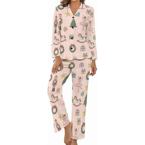 Top-kevin Pajama Sets for Womens Christmas Soldier's Nutcracker Loose Button Down Long Sleeve Shirts And Pants Set