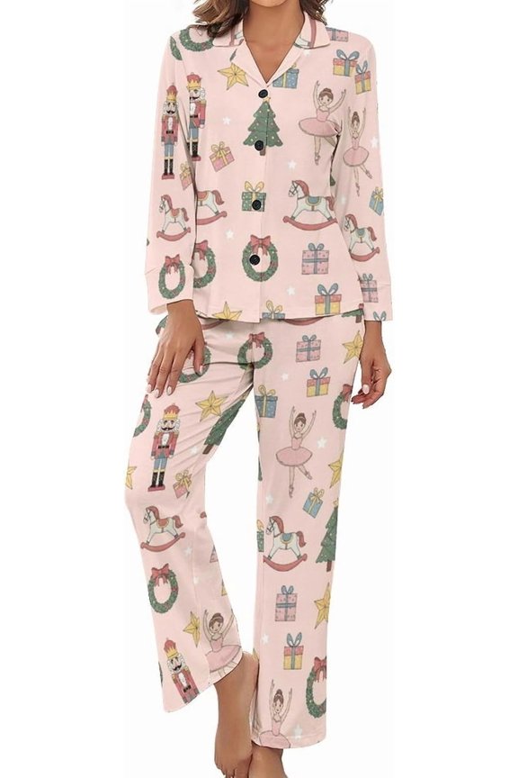 Pajama Sets for Womens Christmas Soldier's Nutcracker Loose Button Down Long Sleeve Shirts And Pants Set