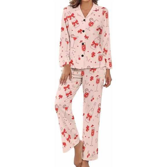 Top-kevin Pajama Sets for Womens Christmas Tree Bells Gifts Stars Loose Button Down Long Sleeve Shirts And Pants Set