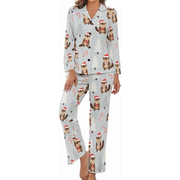 Top-kevin Pajama Sets for Womens Cinnamon Rolls Leaves Loose Button Down Long Sleeve Shirts And Pants Set