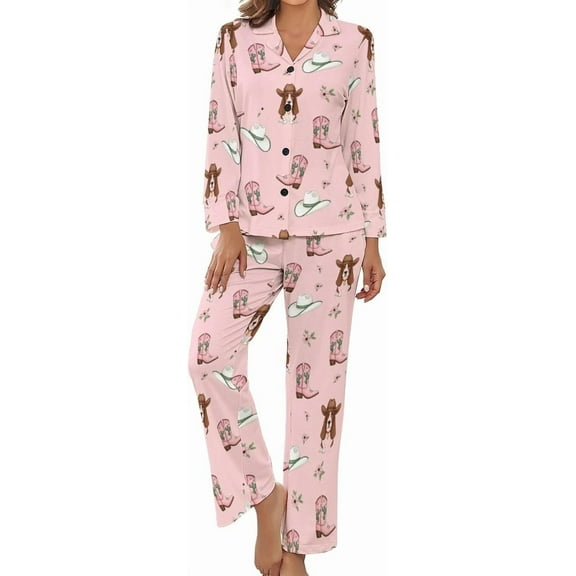 Top-kevin Pajama Sets for Womens Cowboy Boots Cacti Loose Button Down Long Sleeve Shirts And Pants Set