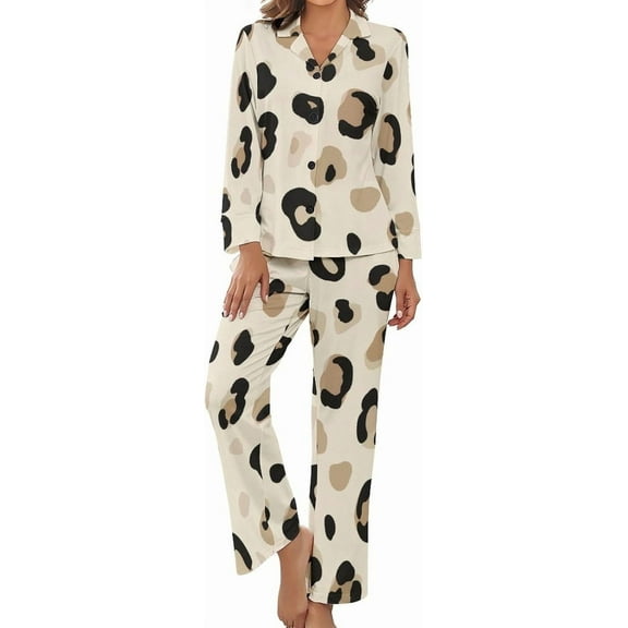 Top-kevin Pajama Sets for Womens Cute Leopard Spots Loose Button Down Long Sleeve Shirts And Pants Set